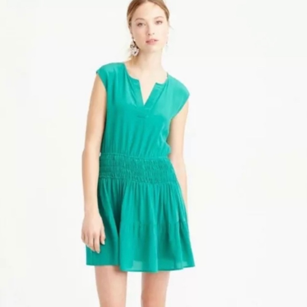 J. Crew Green Silk Smocked Drop Waist Tiered Dress Size 8P Petite F2898
